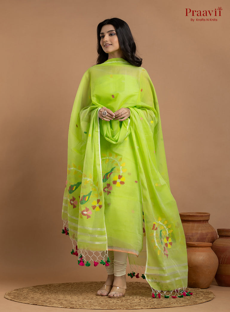 Neon Green Unstitched Muslin Jamdani 2-Piece Suit Set
