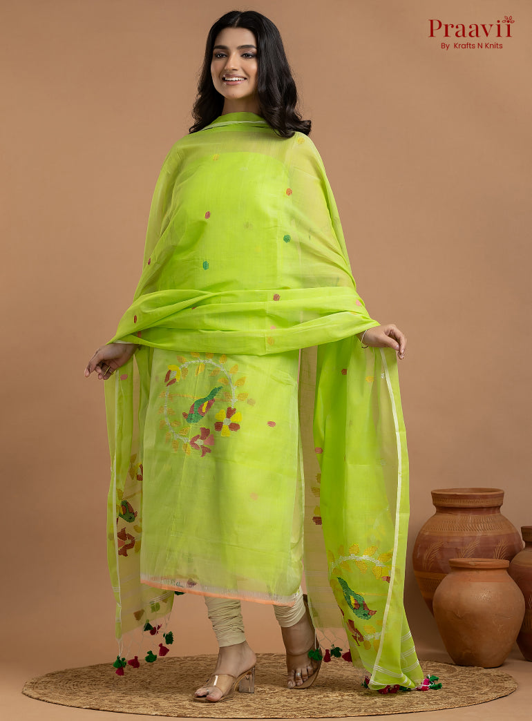 Neon Green Unstitched Muslin Jamdani 2-Piece Suit Set