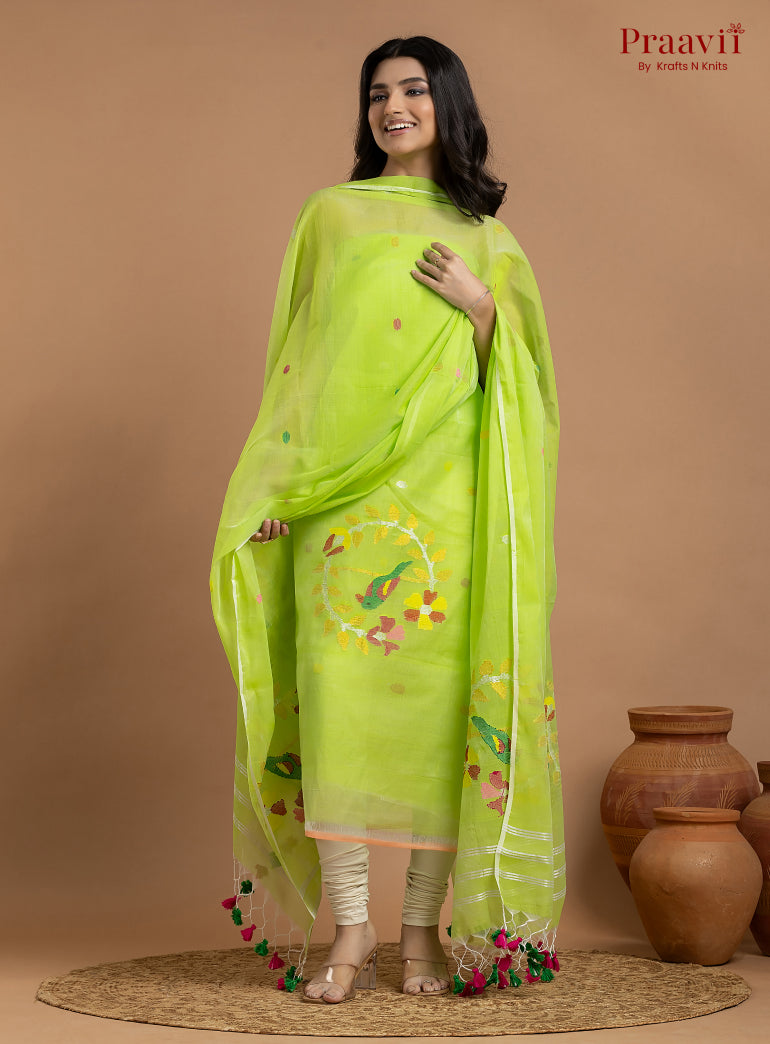 Neon Green Unstitched Muslin Jamdani 2-Piece Suit Set