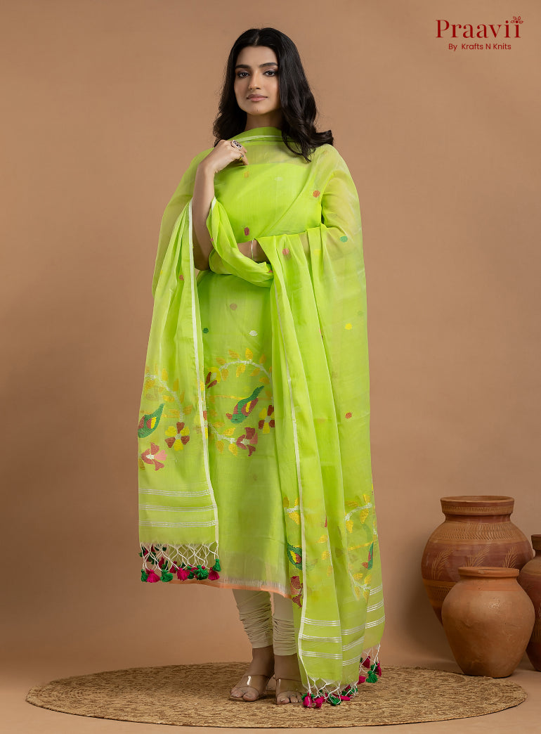 Neon Green Unstitched Muslin Jamdani 2-Piece Suit Set