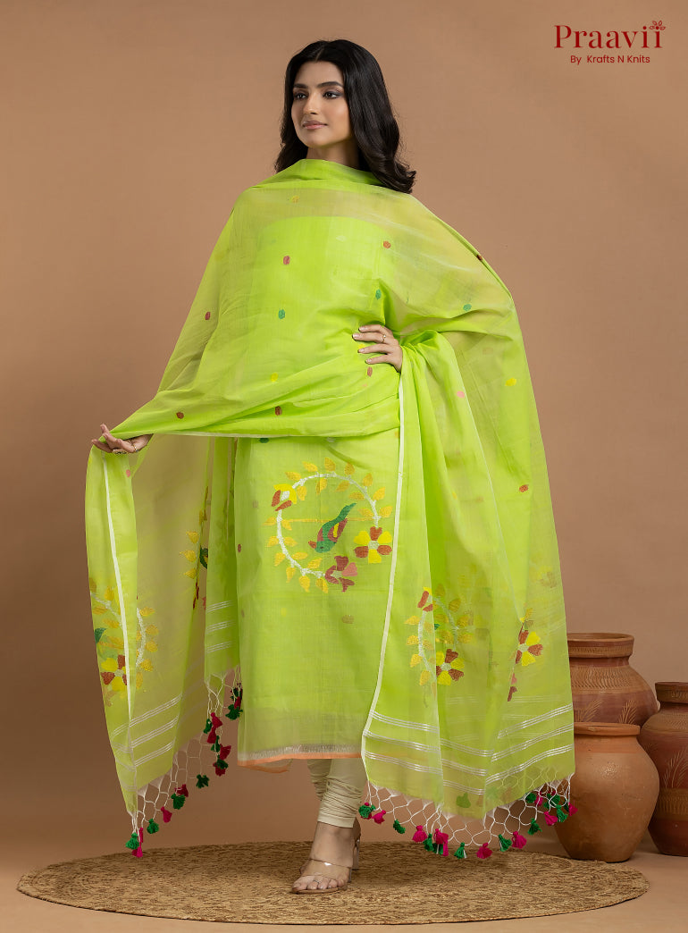 Neon Green Unstitched Muslin Jamdani 2-Piece Suit Set