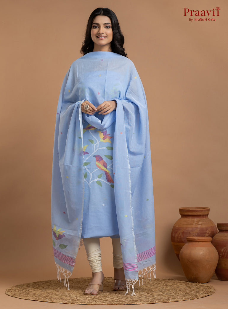 Baby Blue Unstitched Cotton Jamdani 2-Piece Suit Set