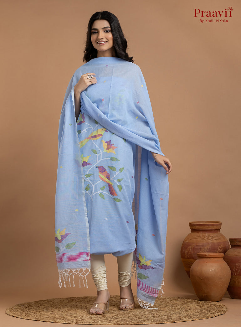 Baby Blue Unstitched Cotton Jamdani 2-Piece Suit Set