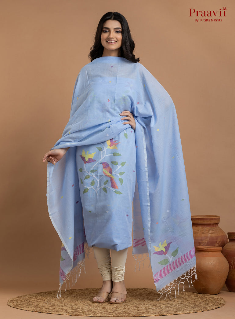 Baby Blue Unstitched Cotton Jamdani 2-Piece Suit Set