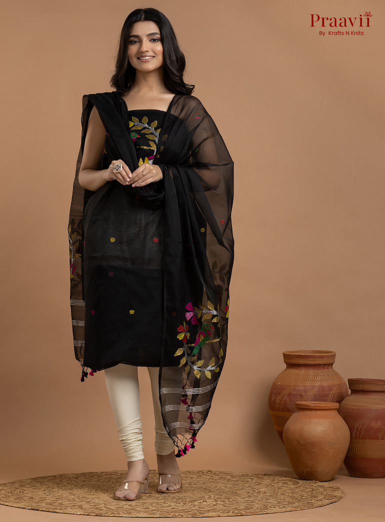 Black Unstitched Muslin Jamdani 2-Piece Suit Set