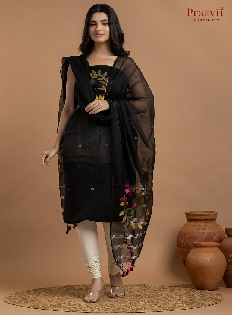 Black Unstitched Muslin Jamdani 2-Piece Suit Set