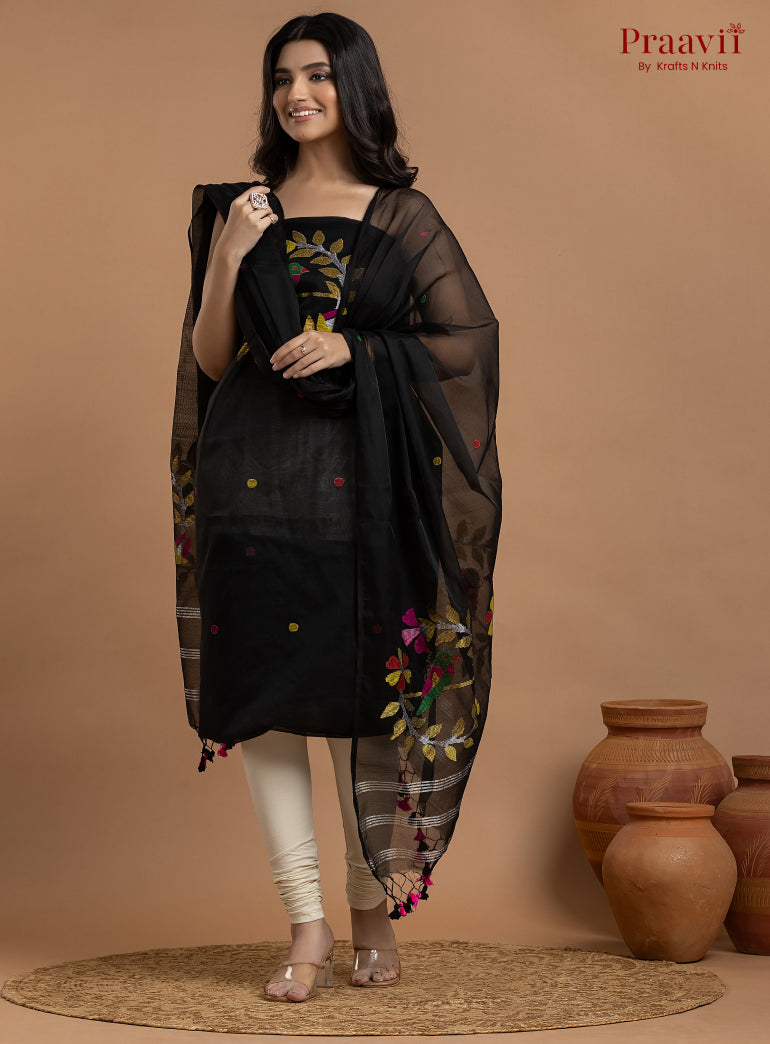 Black Unstitched Muslin Jamdani 2-Piece Suit Set