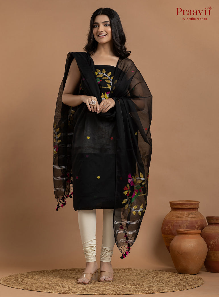 Black Unstitched Muslin Jamdani 2-Piece Suit Set