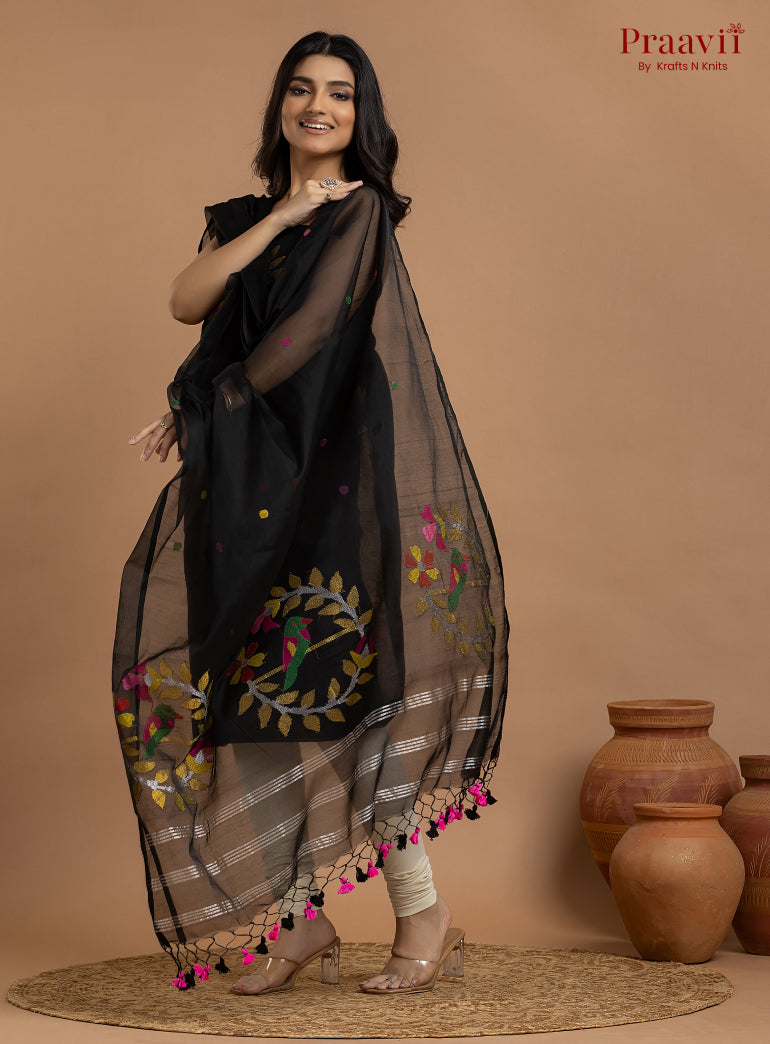 Black Unstitched Muslin Jamdani 2-Piece Suit Set