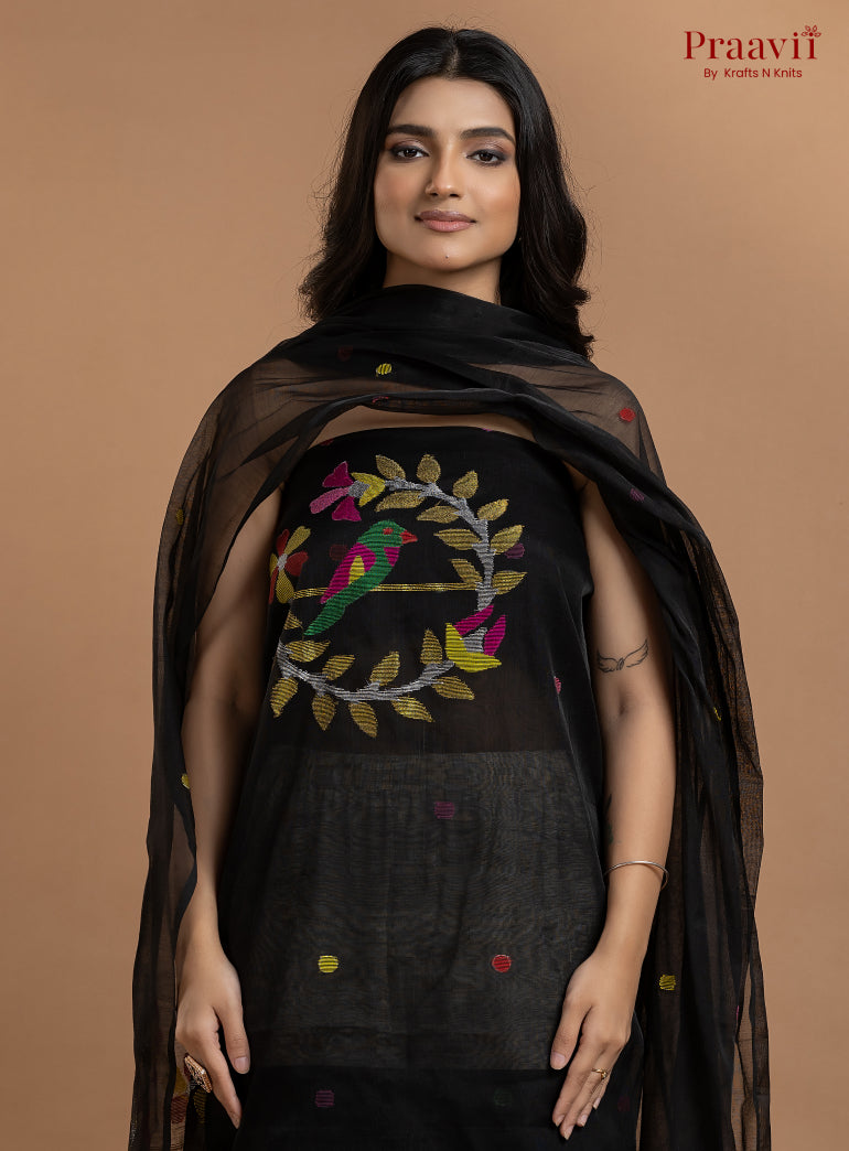 Black Unstitched Muslin Jamdani 2-Piece Suit Set