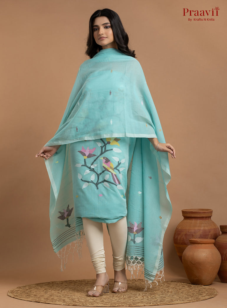 Sky Blue Unstitched Cotton Jamdani 2-Piece Suit Set