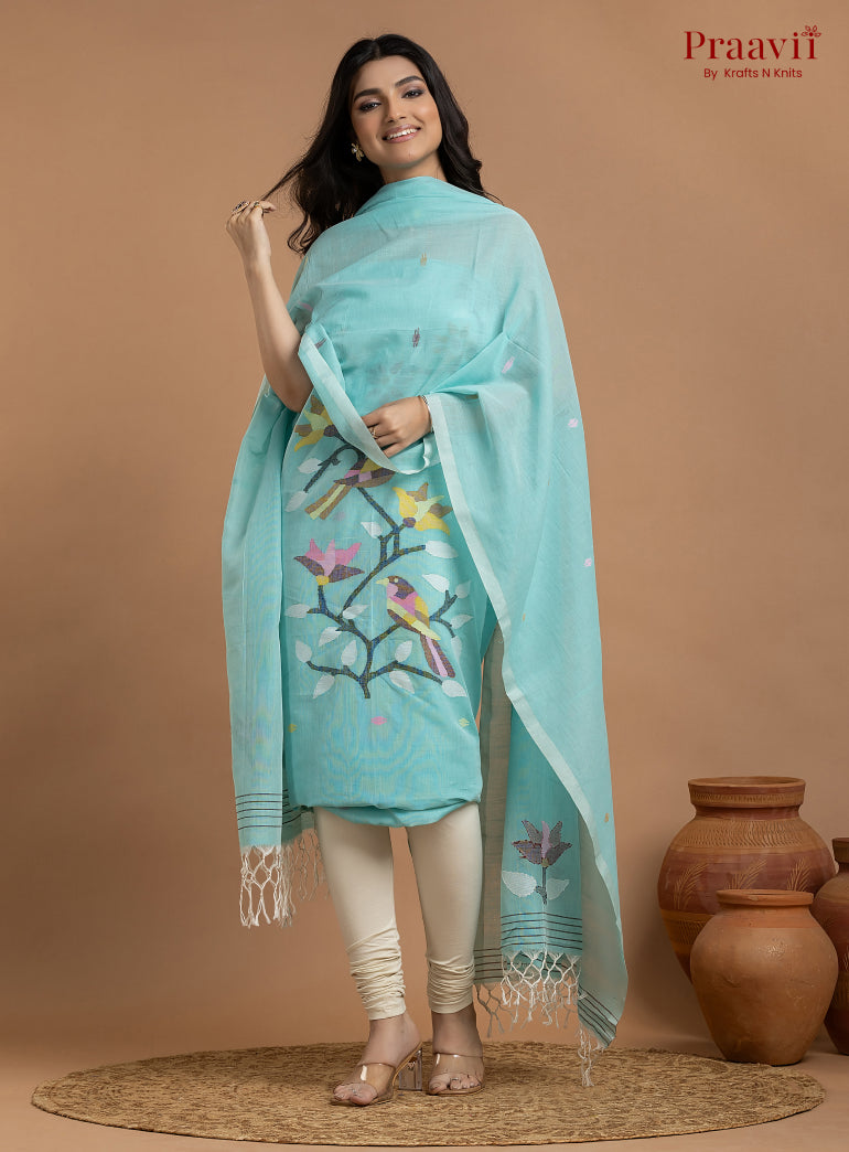 Sky Blue Unstitched Cotton Jamdani 2-Piece Suit Set