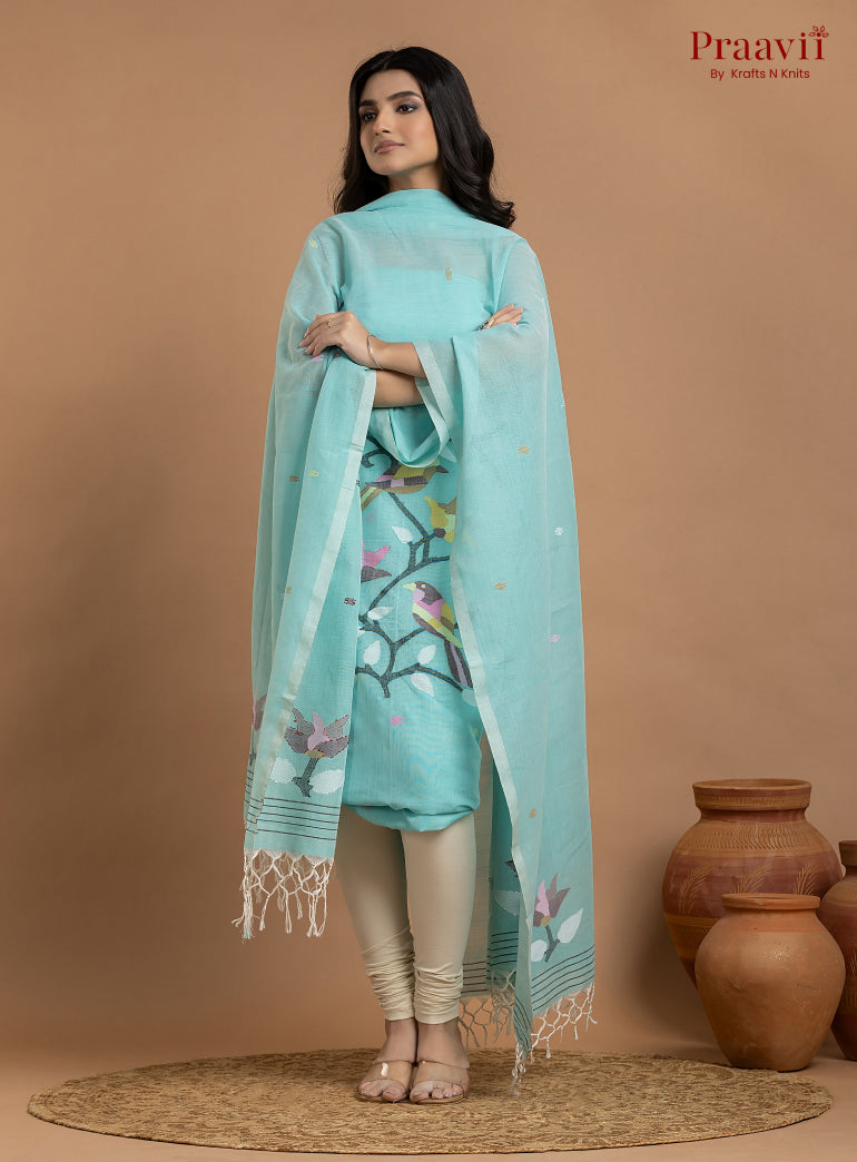 Sky Blue Unstitched Cotton Jamdani 2-Piece Suit Set