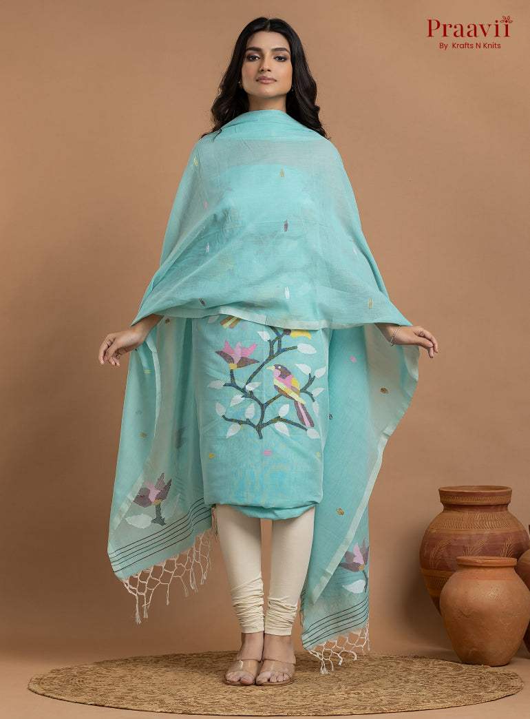 Sky Blue Unstitched Cotton Jamdani 2-Piece Suit Set