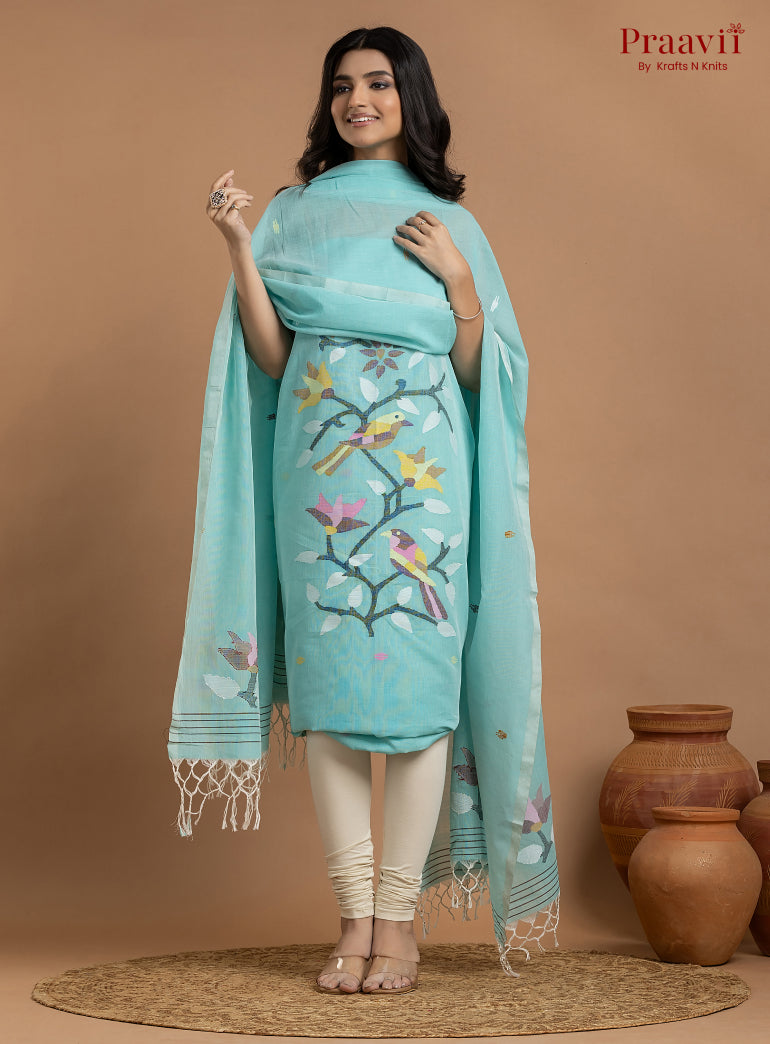 Sky Blue Unstitched Cotton Jamdani 2-Piece Suit Set