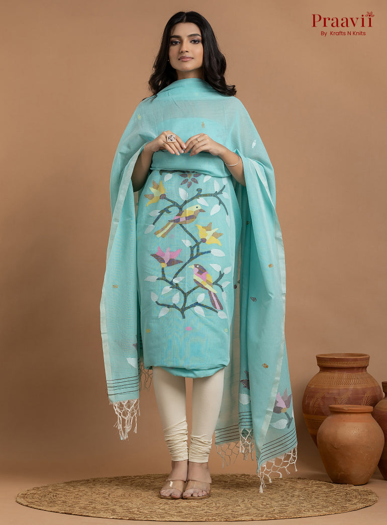 Sky Blue Unstitched Cotton Jamdani 2-Piece Suit Set