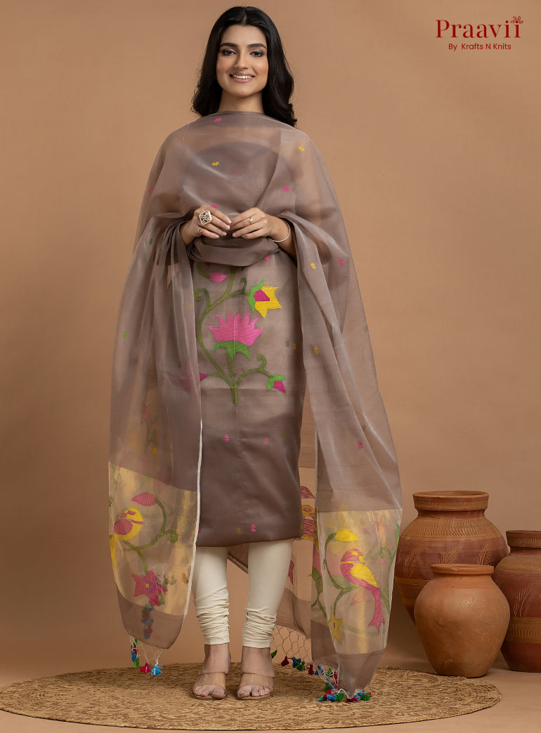 Light Brown Colour Unstitched Muslin Jamdani 2-Piece Suit Set