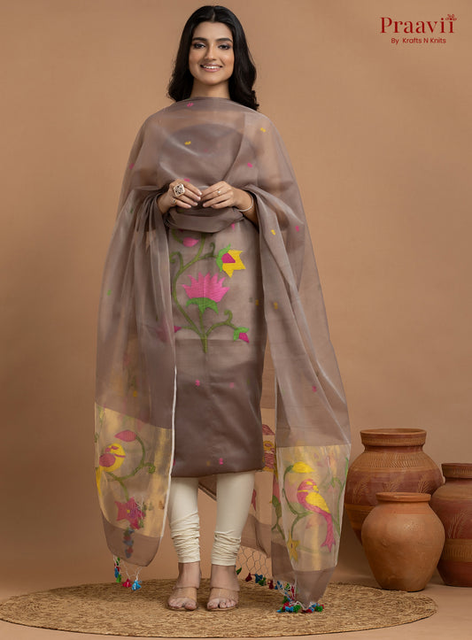Light Brown Colour Unstitched Muslin Jamdani 2-Piece Suit Set