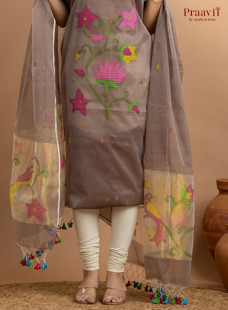 Light Brown Colour Unstitched Muslin Jamdani 2-Piece Suit Set