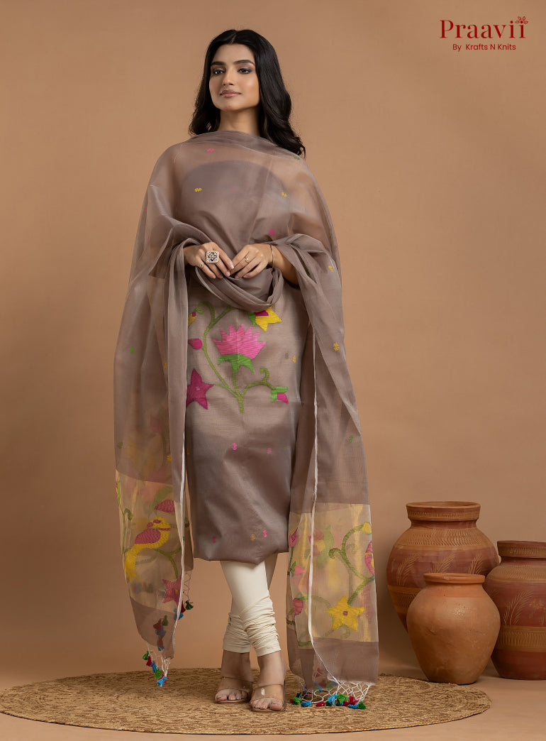 Light Brown Colour Unstitched Muslin Jamdani 2-Piece Suit Set