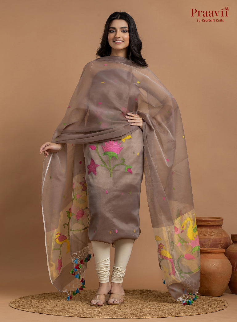 Light Brown Colour Unstitched Muslin Jamdani 2-Piece Suit Set