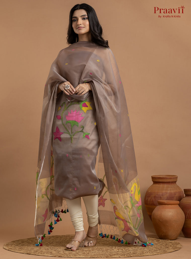 Light Brown Colour Unstitched Muslin Jamdani 2-Piece Suit Set