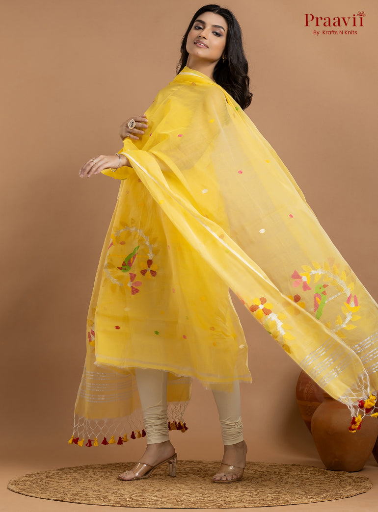 Yellow Unstitched Muslin Jamdani 2-Piece Suit Set