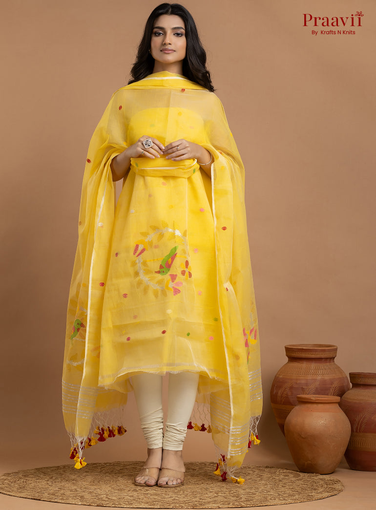 Yellow Unstitched Muslin Jamdani 2-Piece Suit Set
