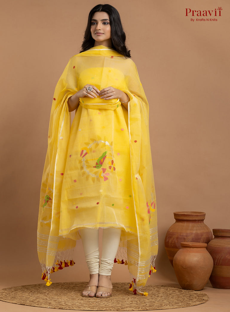 Yellow Unstitched Muslin Jamdani 2-Piece Suit Set
