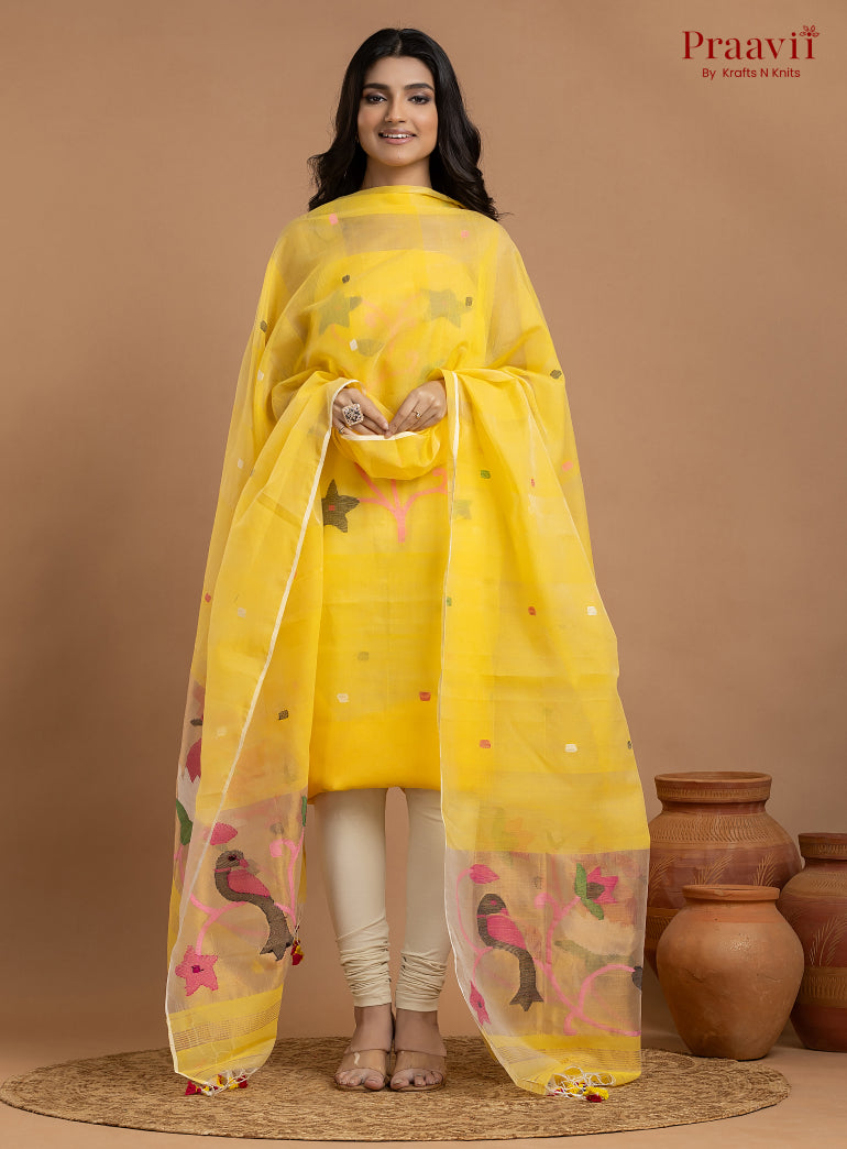 Sunshine Yellow Unstitched Muslin Jamdani 2-Piece Suit Set