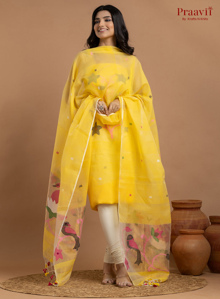 Sunshine Yellow Unstitched Muslin Jamdani 2-Piece Suit Set