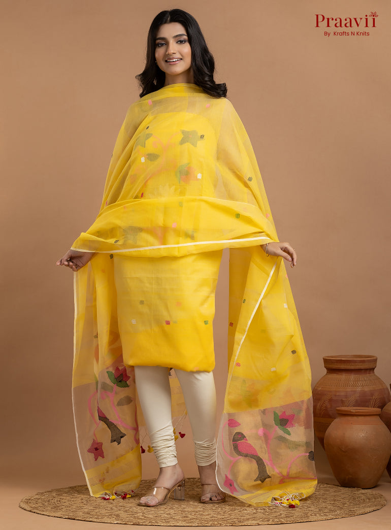 Sunshine Yellow Unstitched Muslin Jamdani 2-Piece Suit Set