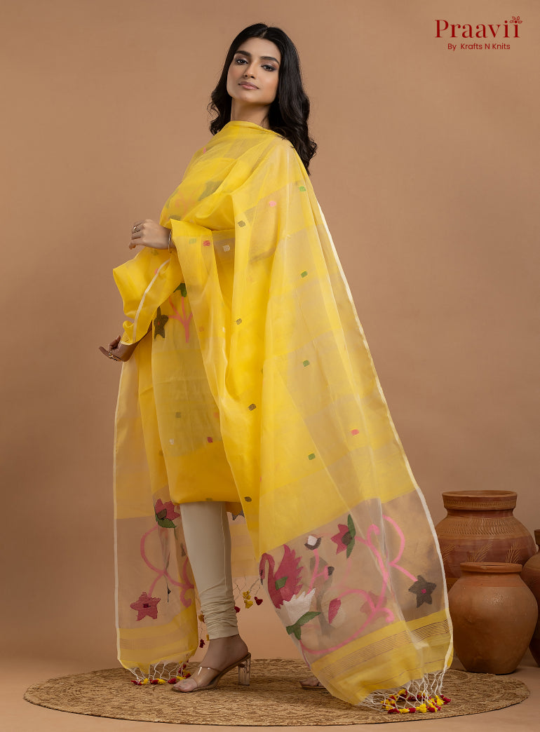 Sunshine Yellow Unstitched Muslin Jamdani 2-Piece Suit Set