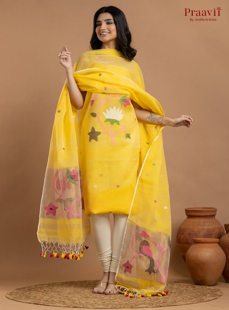 Sunshine Yellow Unstitched Muslin Jamdani 2-Piece Suit Set