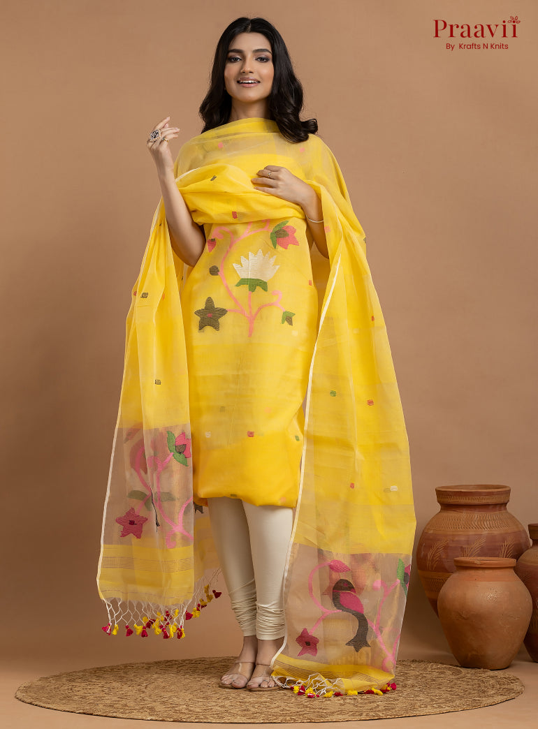 Sunshine Yellow Unstitched Muslin Jamdani 2-Piece Suit Set