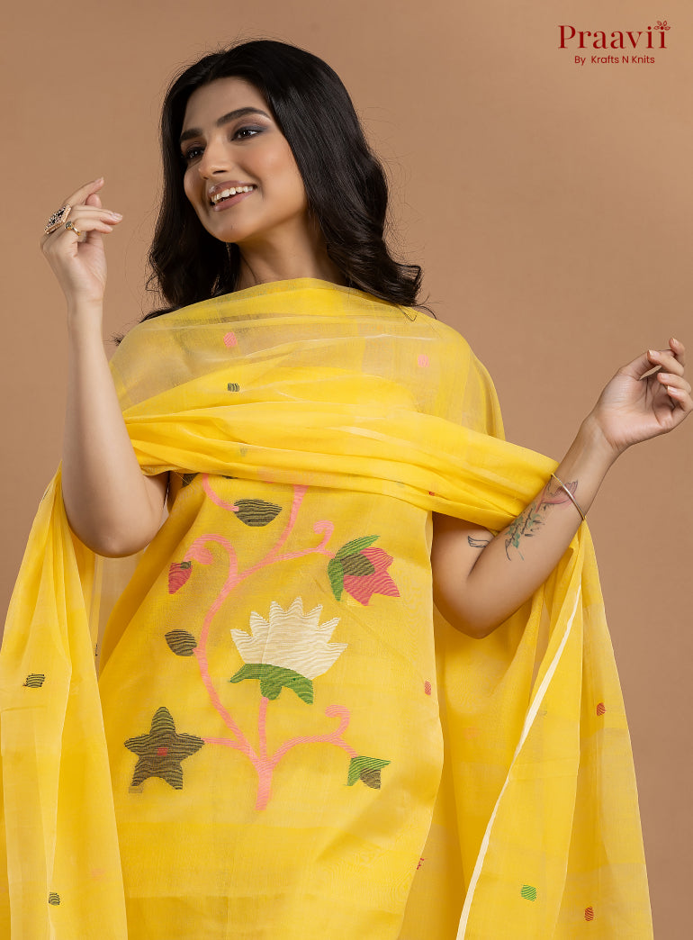 Sunshine Yellow Unstitched Muslin Jamdani 2-Piece Suit Set