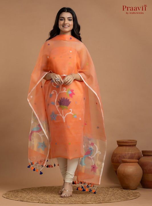 Orange Unstitched Muslin Jamdani 2-Piece Suit Set