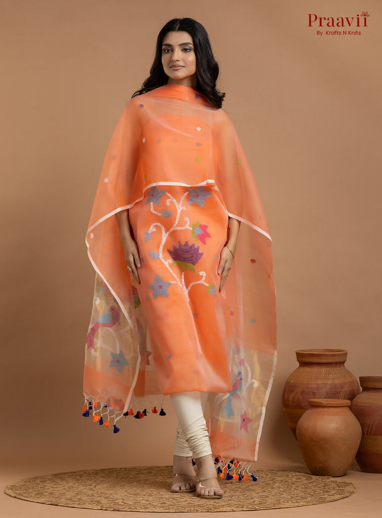 Orange Unstitched Muslin Jamdani 2-Piece Suit Set
