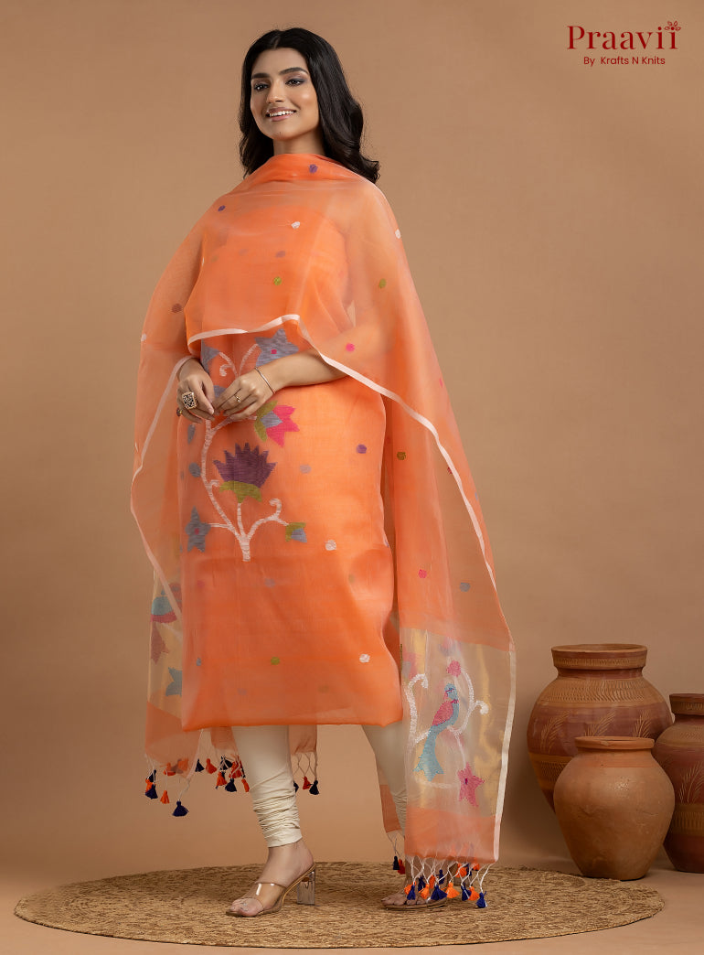 Orange Unstitched Muslin Jamdani 2-Piece Suit Set