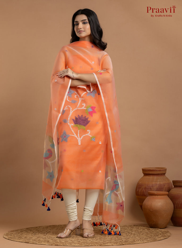 Orange Unstitched Muslin Jamdani 2-Piece Suit Set