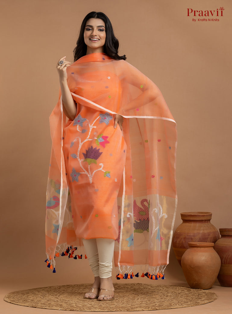 Orange Unstitched Muslin Jamdani 2-Piece Suit Set