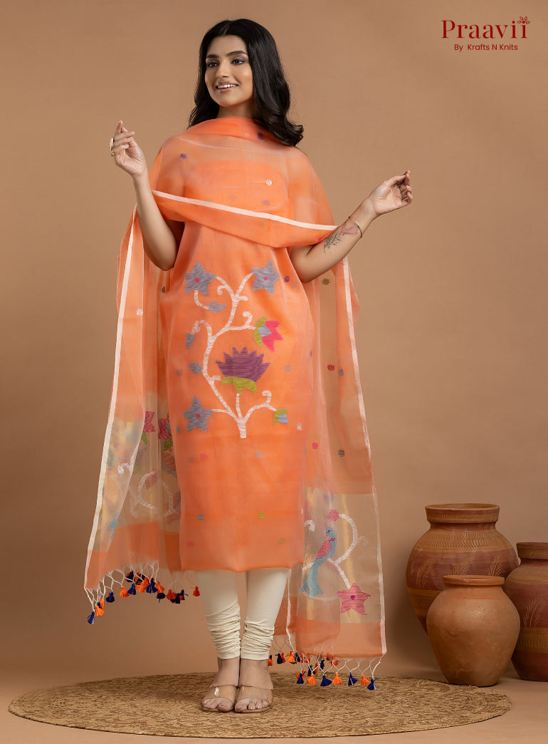 Orange Unstitched Muslin Jamdani 2-Piece Suit Set