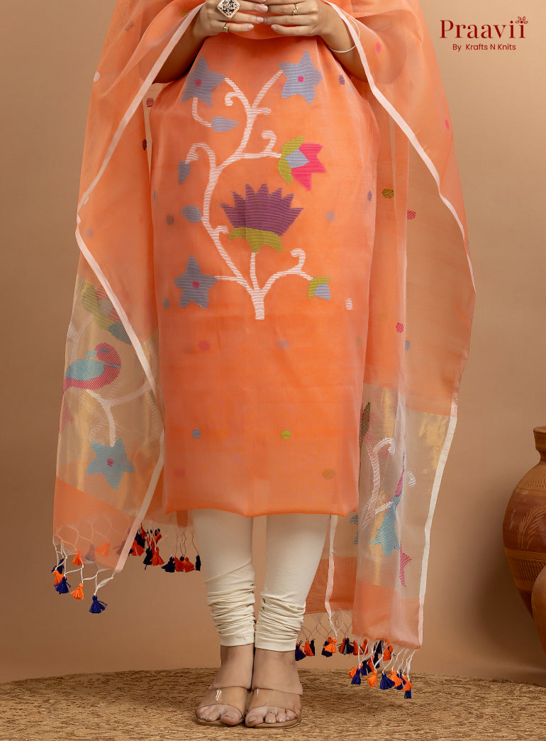 Orange Unstitched Muslin Jamdani 2-Piece Suit Set