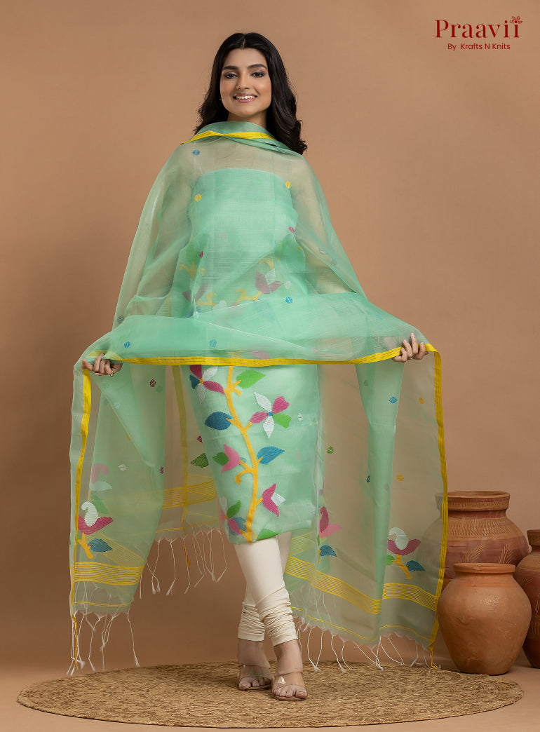 Light Green Unstitched Muslin Jamdani 2-Piece Suit Set