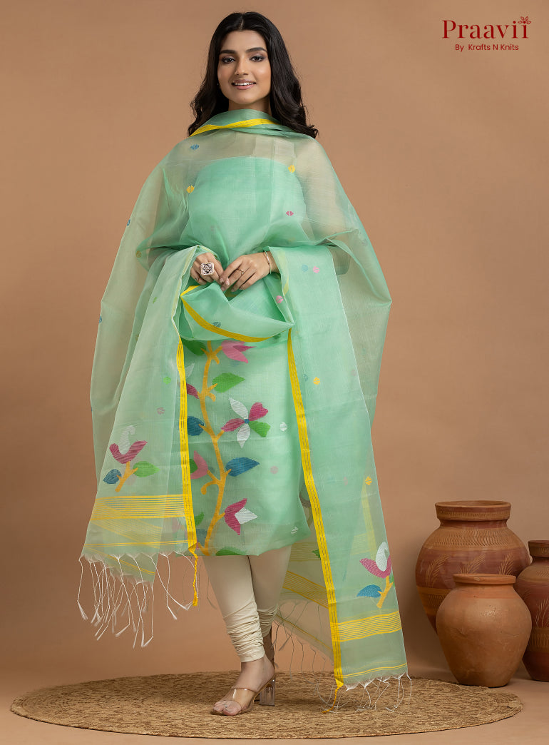 Light Green Unstitched Muslin Jamdani 2-Piece Suit Set