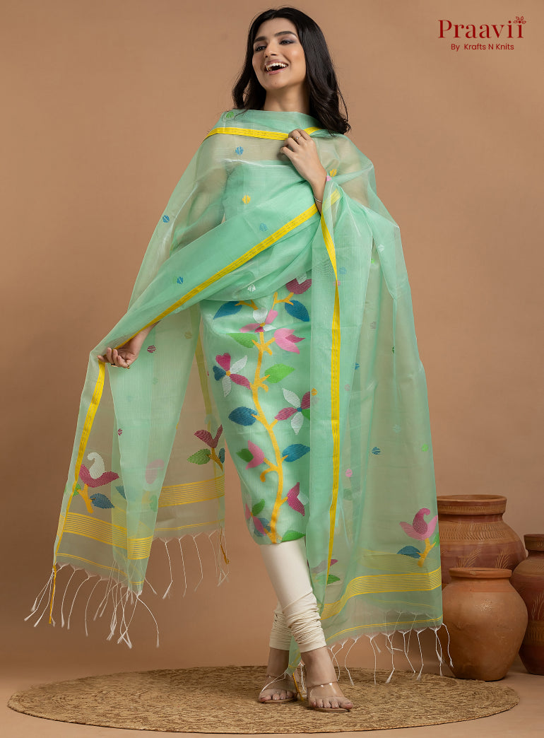 Light Green Unstitched Muslin Jamdani 2-Piece Suit Set