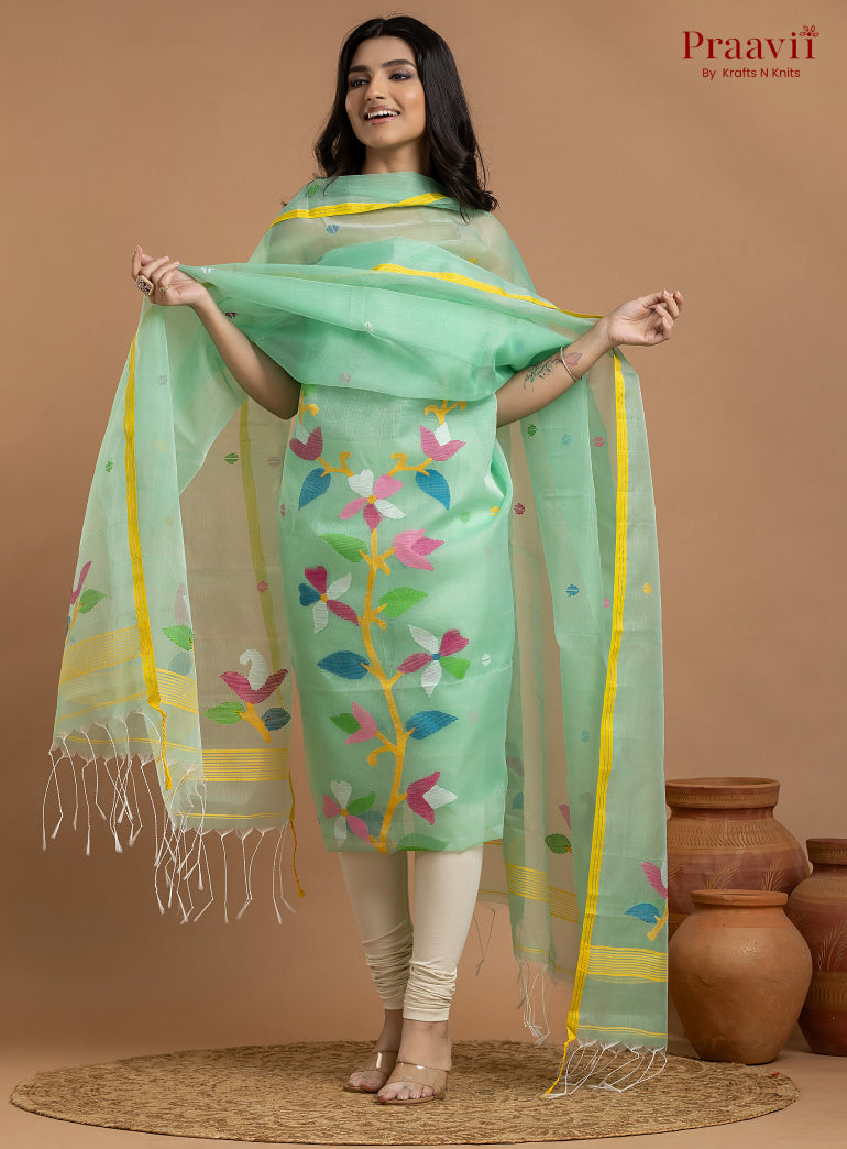 Light Green Unstitched Muslin Jamdani 2-Piece Suit Set