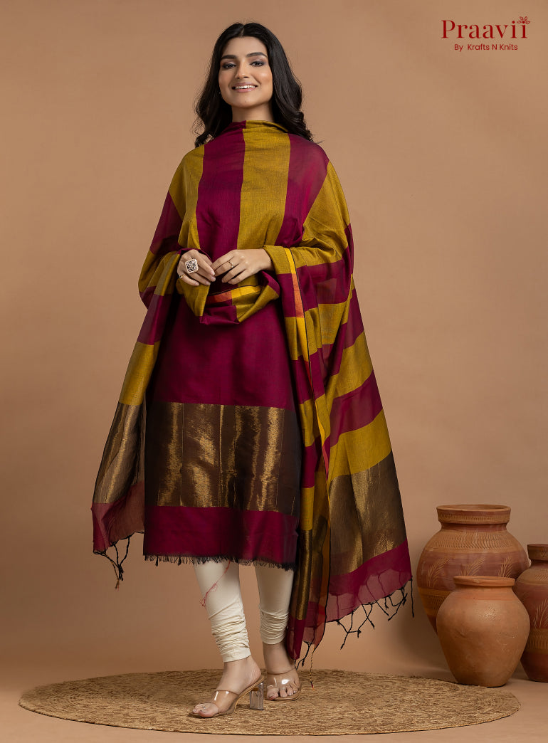 Maroon Unstitched Cotton with Tissue 2-Piece Suit Set