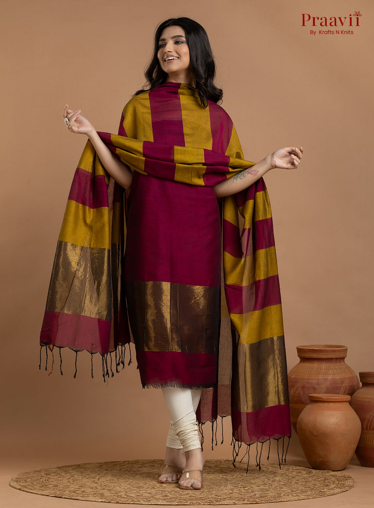 Maroon Unstitched Cotton with Tissue 2-Piece Suit Set