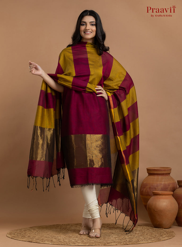 Maroon Unstitched Cotton with Tissue 2-Piece Suit Set
